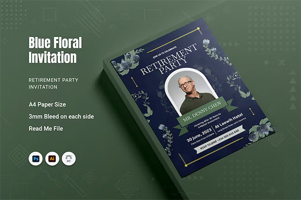 Blue Floral Retirement Invitation