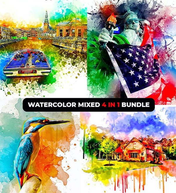 Watercolor Mixed Oil Photoshop Action Bundle