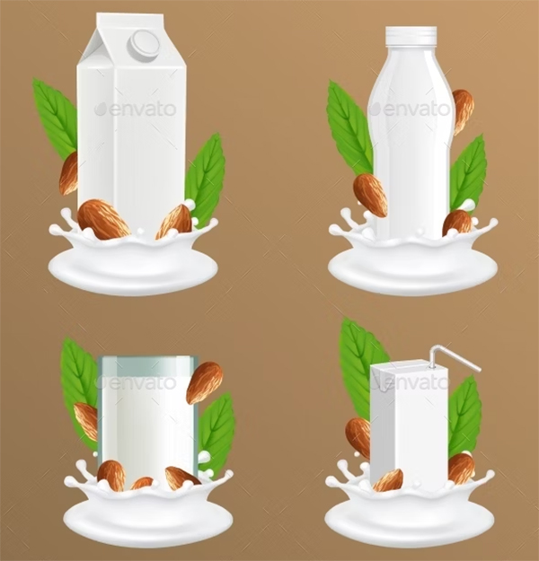 Almond Milk Package Vector Realistic Mockup Set
