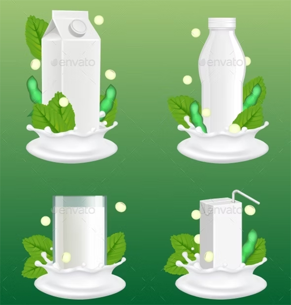 Soy Milk Package Vector Realistic Mockup Set