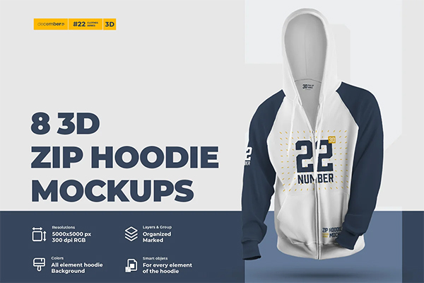 3D Zip Hoodie Mockup Template