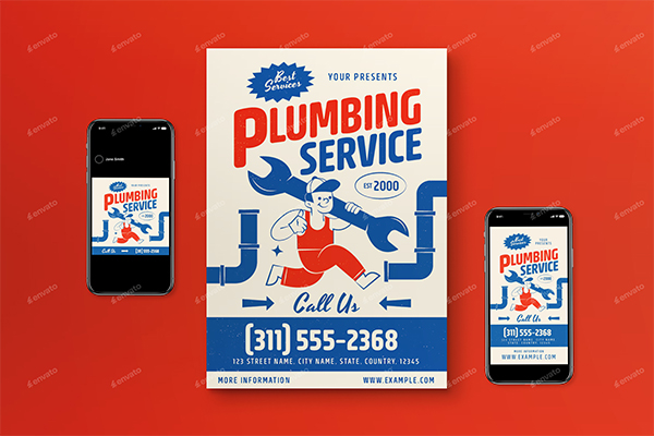 Blue Retro Modern Plumbing Service Flyer Set