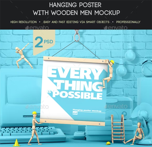 Hanging Poster With Wooden Men Mockup