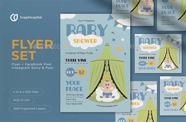 Blue Flat Design Baby Shower Flyer