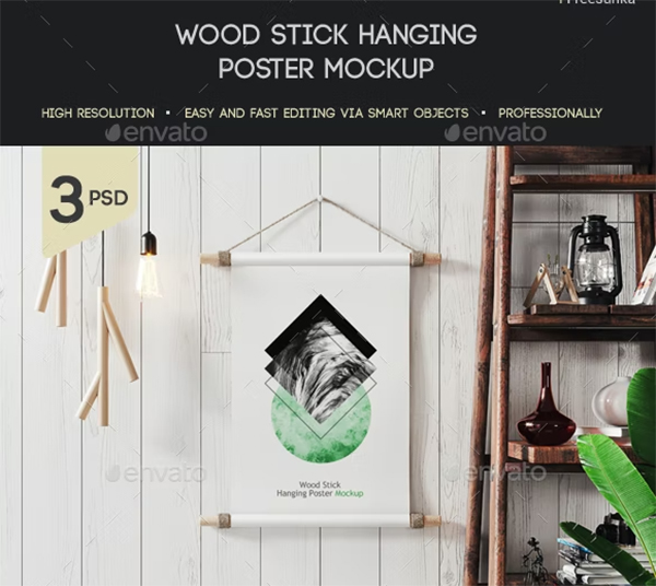 Wood Stick Hanging Poster Mockup