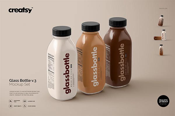 Glass Rounded Bottle PSD Mockup Set